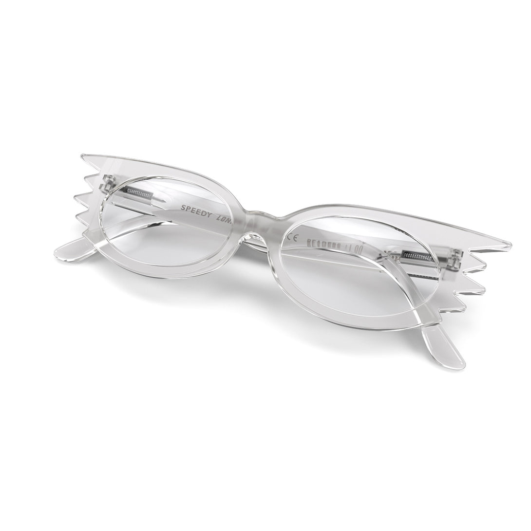 Front view folded of Speedy Blue Blocker Glasses by London Mole with Transparent Frames.