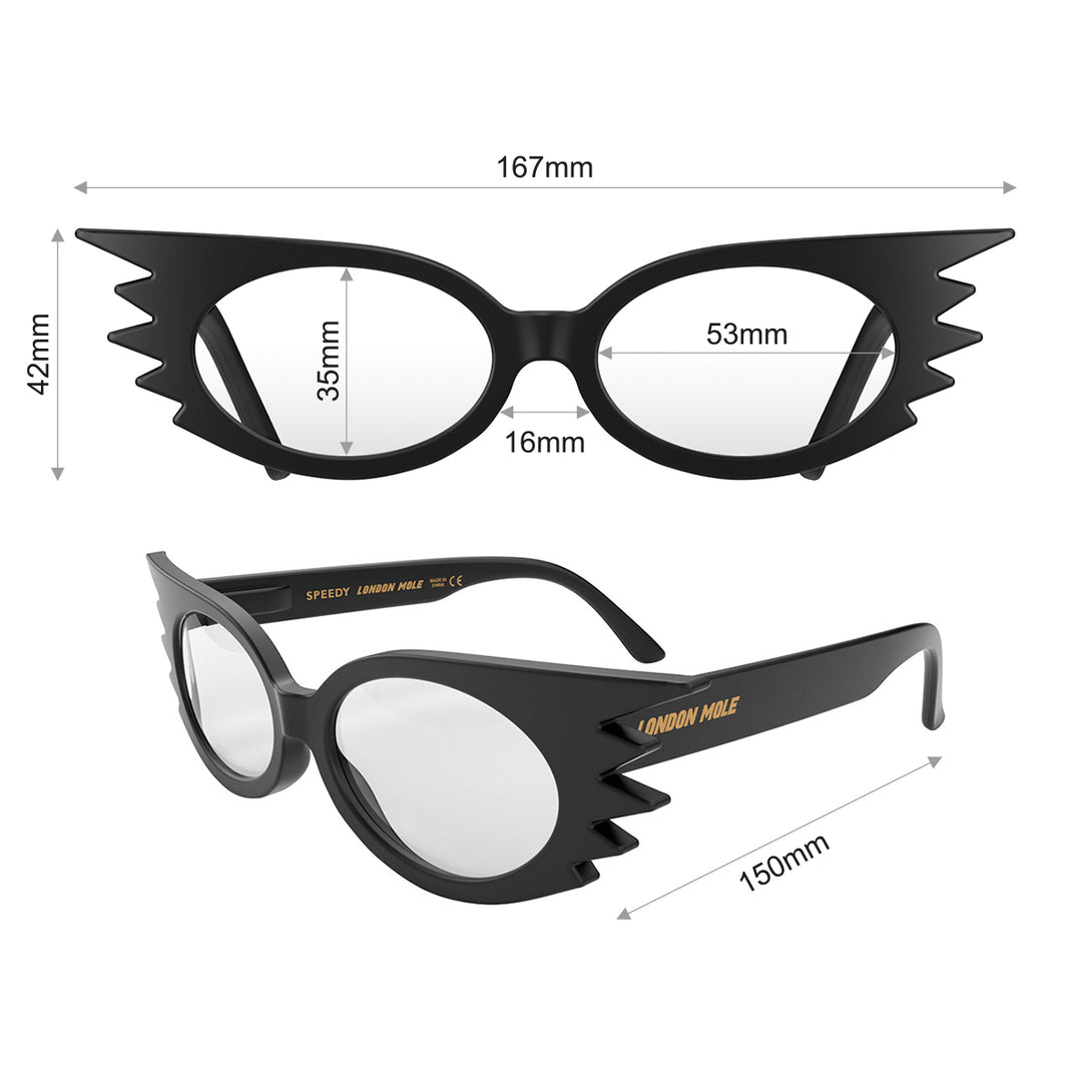 Dimensions - Speedy Blue Blocker Glasses in matt black featuring an extravagent vintage frame with a utilitarian look and the ability to protect your eyes from artificial blue light. Ideal for fashion accessories, screen time, office work, gaming, scrolling on a mobile, and watching TV. 