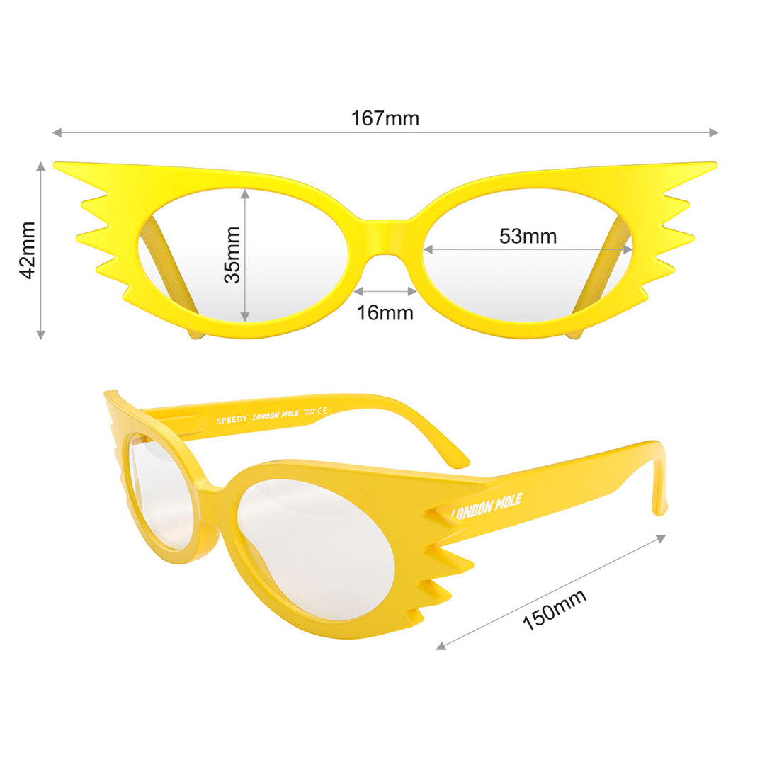 Dimensions - Speedy Blue Blocker Glasses in matt yellow featuring an extravagent vintage frame with a utilitarian look and the ability to protect your eyes from artificial blue light. Ideal for fashion accessories, screen time, office work, gaming, scrolling on a mobile, and watching TV. 