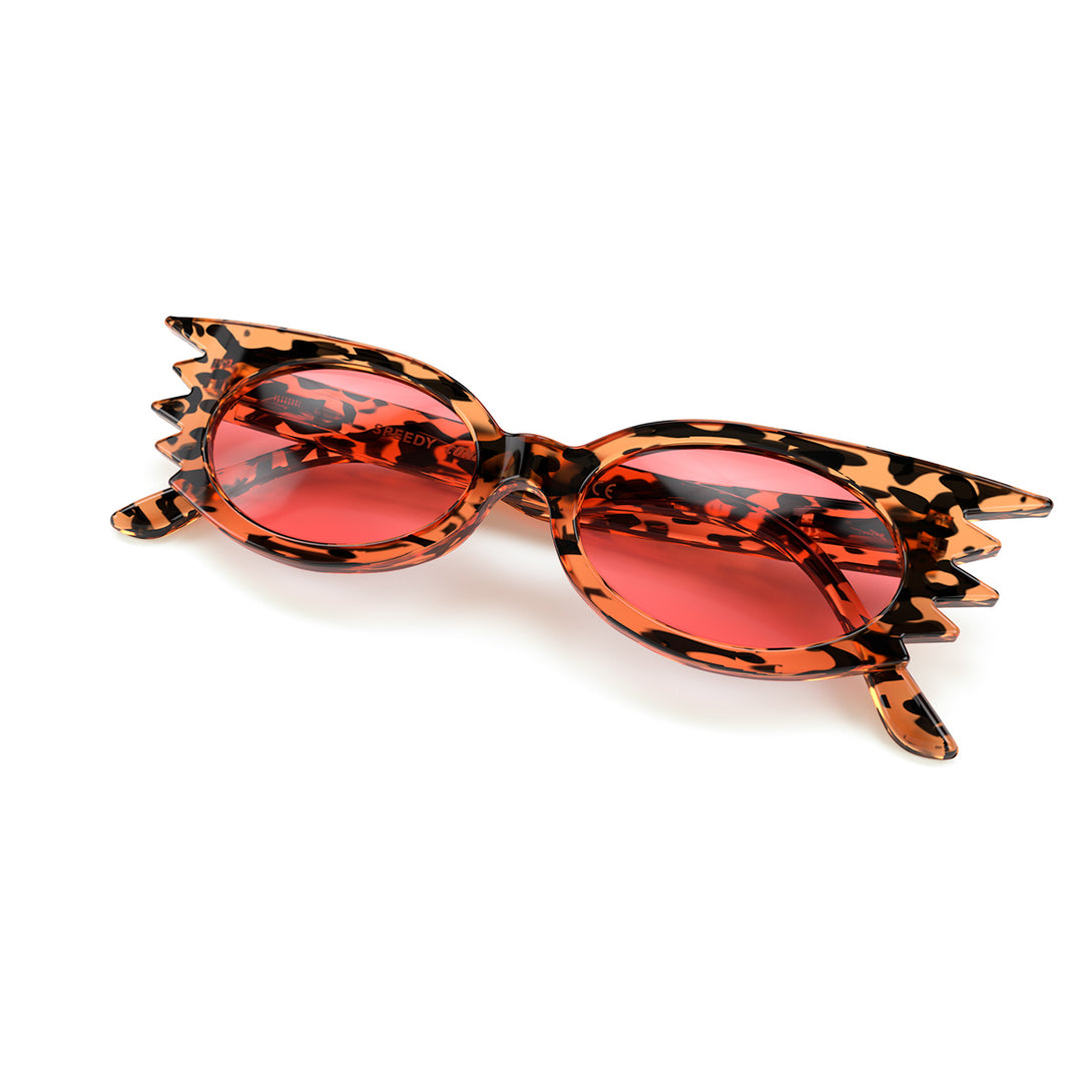 Front Folded view of Speedy Sunglasses by London Mole with Gloss Tortoise Shell Frames and Red Lenses