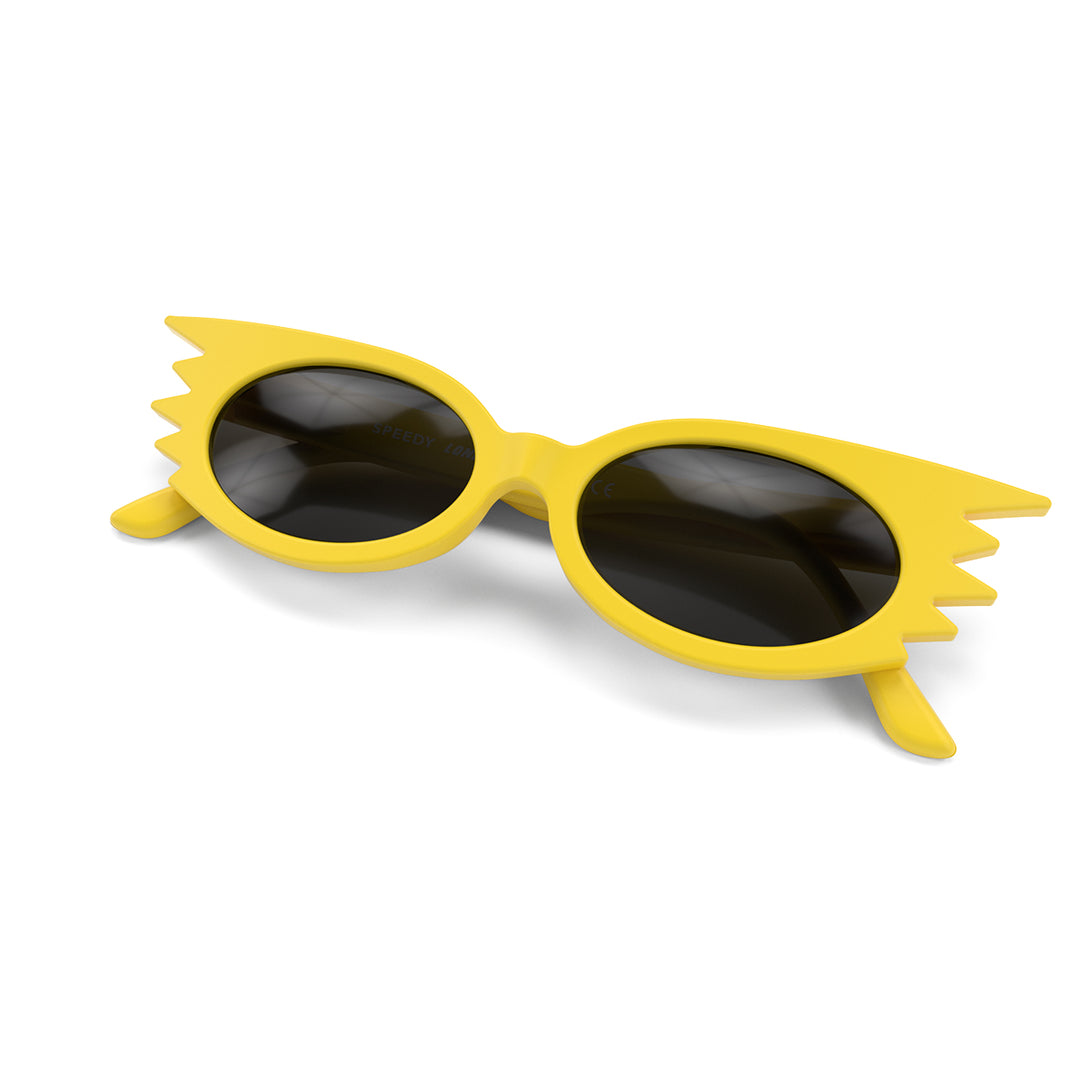 Front view folded of Speedy Sunglasses by London Mole with Yellow Frames and Black Lenses