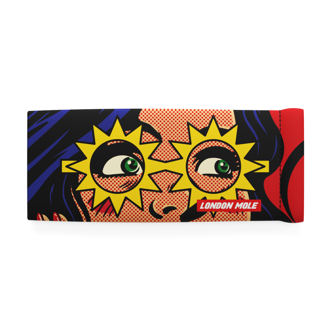  Sunflash glasses pouch with female superhero comic strip design – front on
