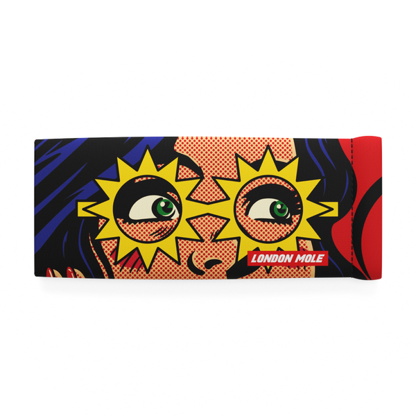  Sunflash glasses pouch with female superhero comic strip design – front on