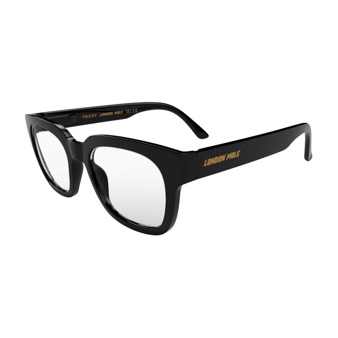 Open skew view of the London Mole Tricky Reading Glasses in Gloss Black