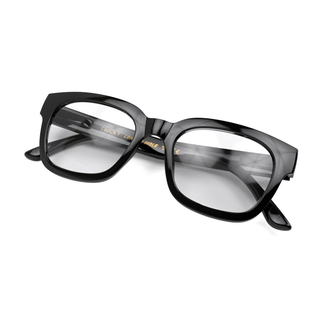 Closed skew view of the London Mole Tricky Reading Glasses in Gloss Black