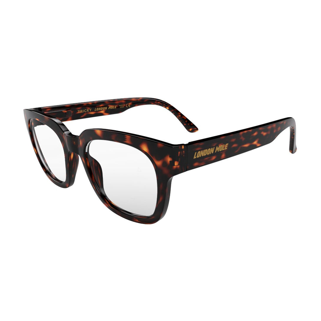 Open skew view of the London Mole Tricky Reading Glasses in Tortoise Shell