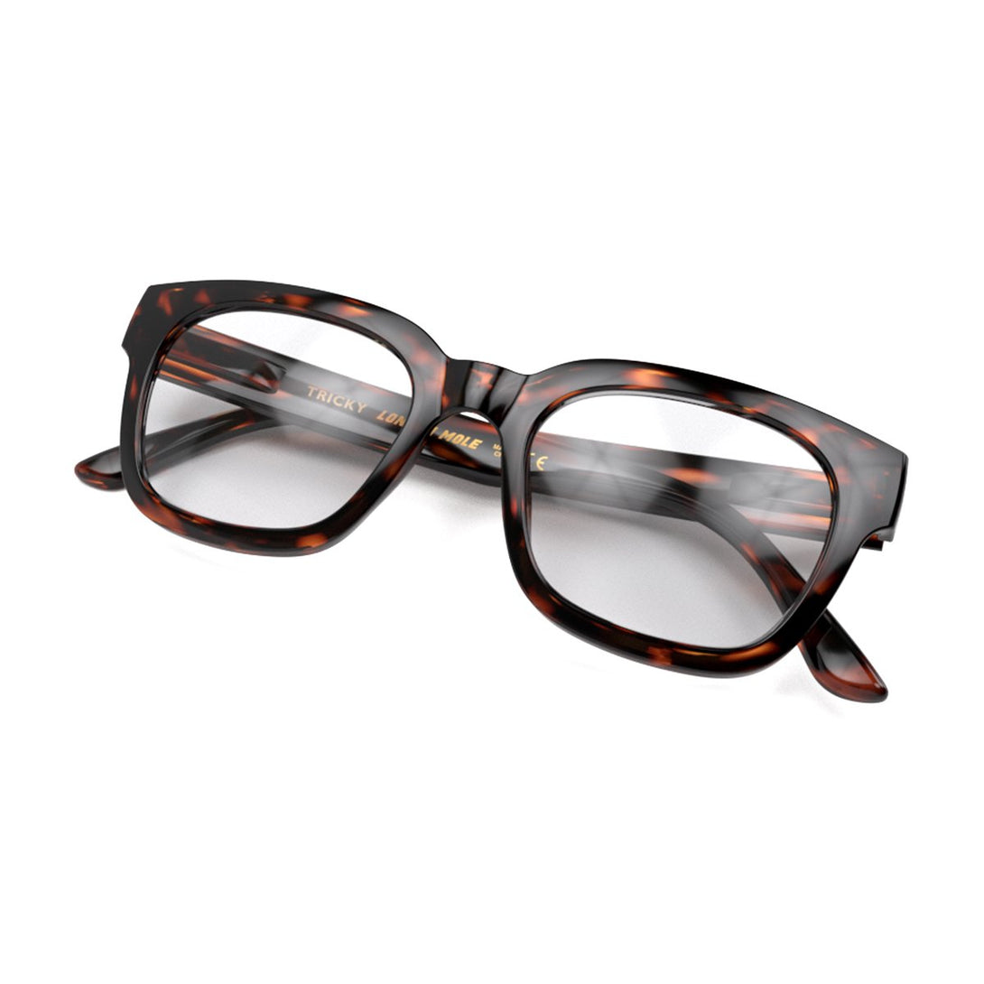 Closed skew view of the London Mole Tricky Blue Blocker Glasses in Tortoise Shell