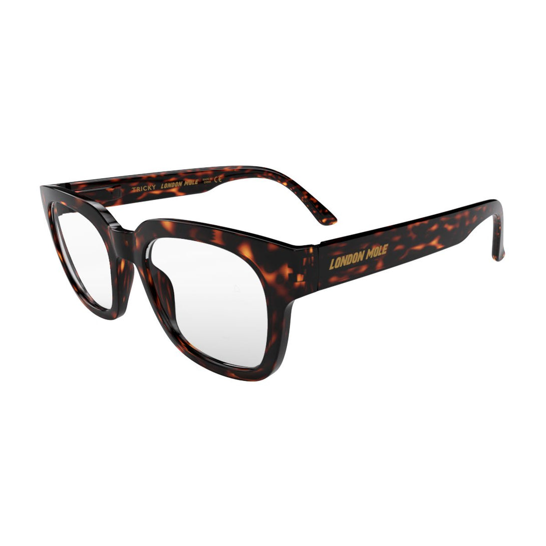 Open skew view of the London Mole Tricky Blue Blocker Glasses in Tortoise Shell