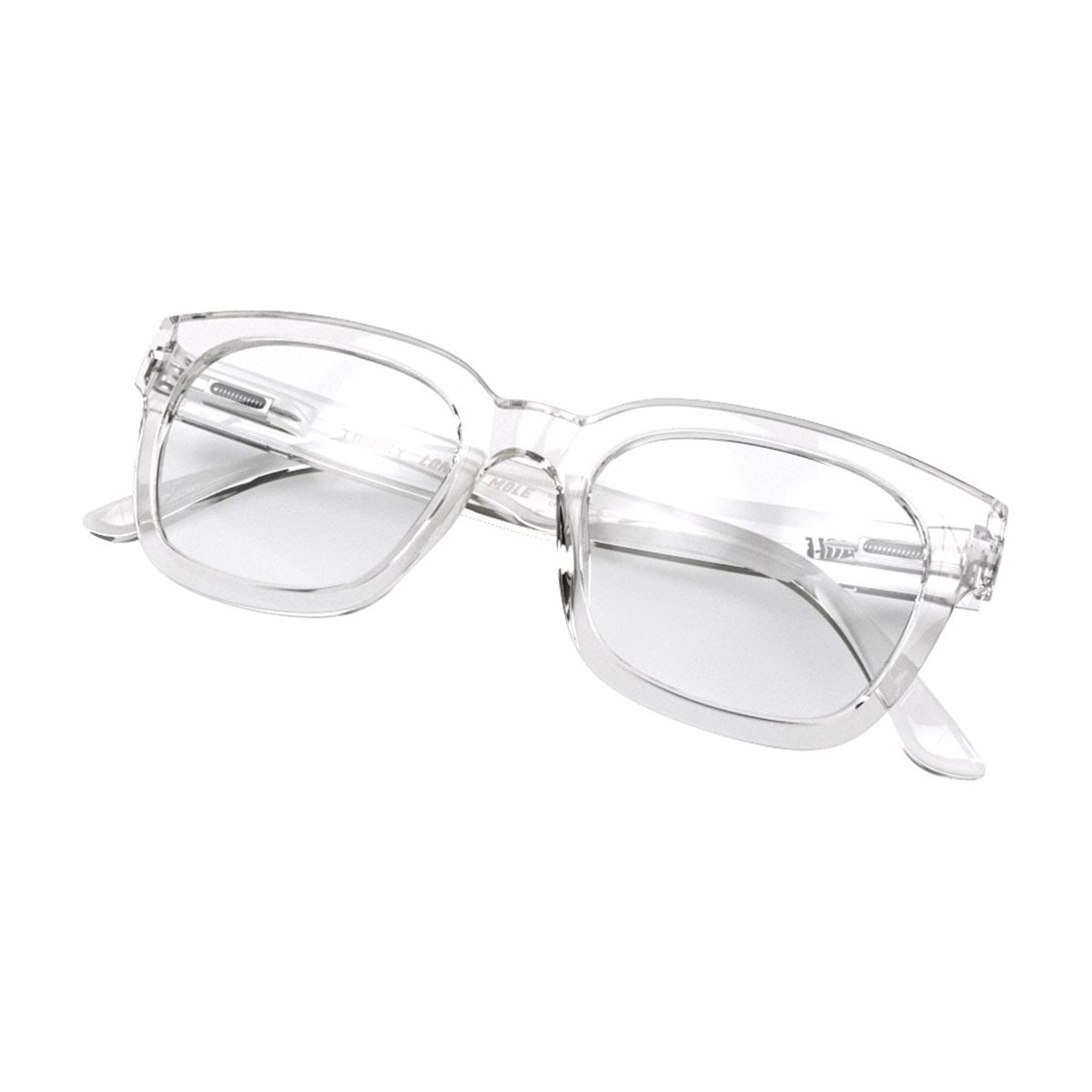 Closed skew view of the London Mole Tricky Blue Blocker Glasses in Transparent