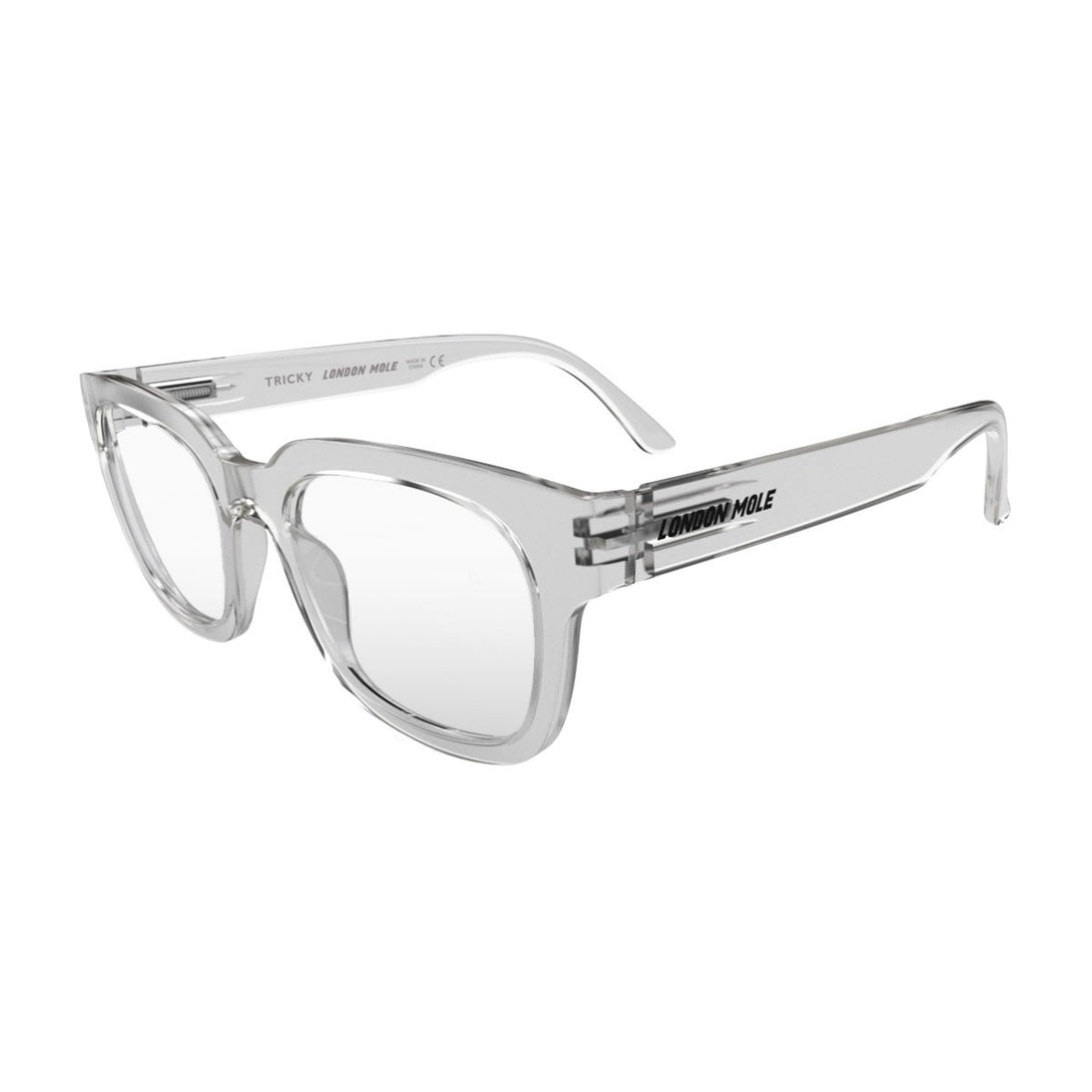 Open skew view of the London Mole Tricky Blue Blocker Glasses in Transparent