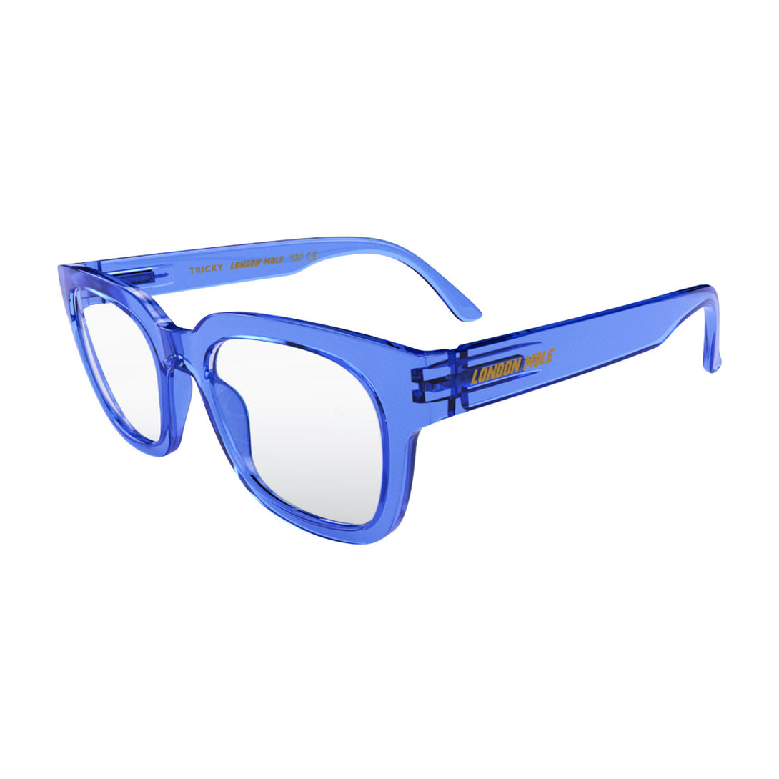 Open skew view of the London Mole Tricky Reading Glasses in Transparent Blue