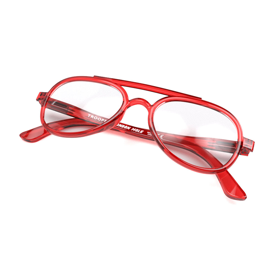 Closed skew view of the London Mole Trooper Reading Glasses in Transparent Red
