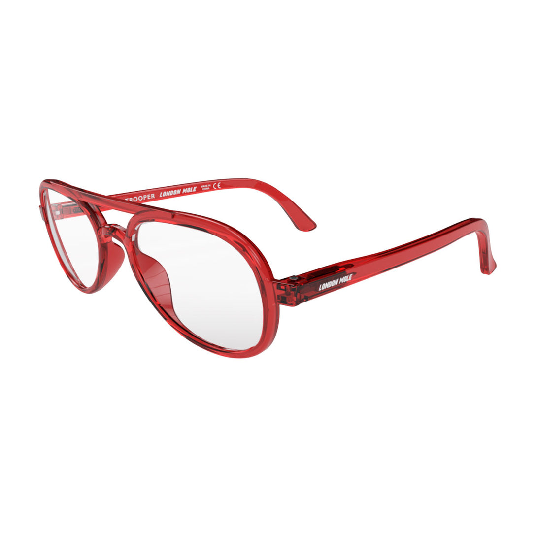 Open skew view of the London Mole Trooper Reading Glasses in Transparent Red