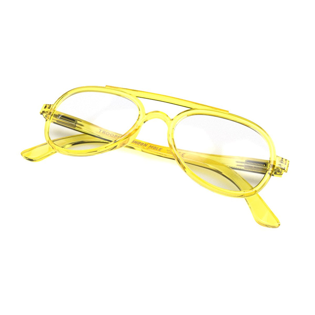 Closed skew view of the London Mole Trooper Reading Glasses in Transparent Yellow
