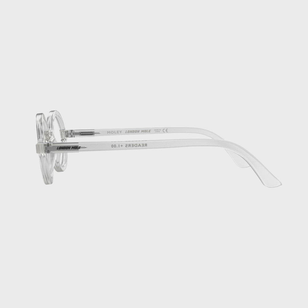 360 Turning Animation - Moley Blue Blocker Glasses featuring an eccentrically round, transparent frame and the ability to protect your eyes from artificial blue light. Ideal for fashion accessories, screen time, office work, gaming, scrolling on a mobile, and watching TV. 